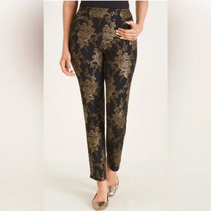 CHICO’S Sz 3R Pull On Pants Brigitte Brocade Floral Sheen Tapered Ankle NEW